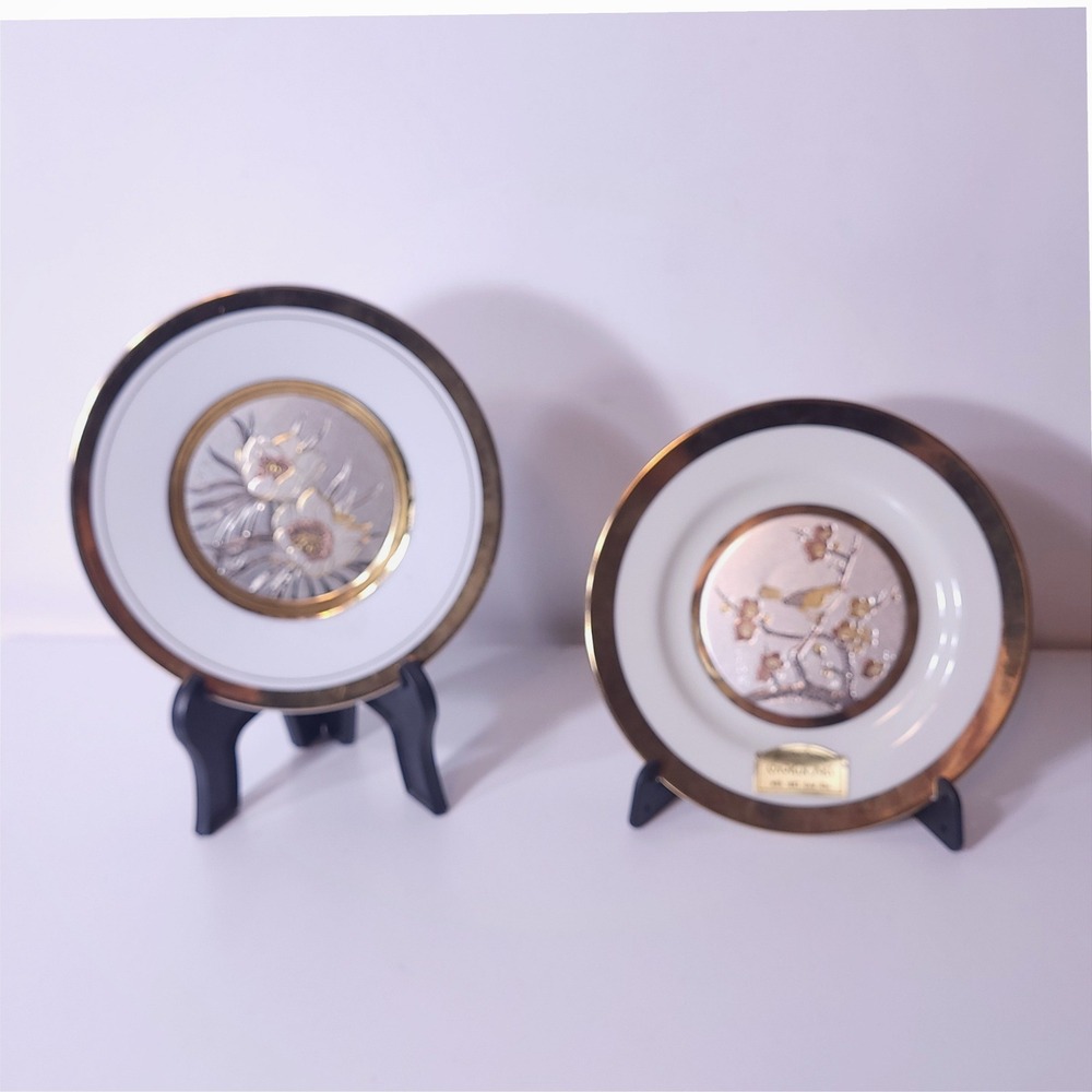 2pc Japanese Chokin Art Plates 24K Gold Silver Inlay Bird Lily 18K Gold Rim 6in